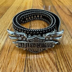 Harley-Davidson Black Leather Belt with Shield/Wings Crystal Accent Buckle
